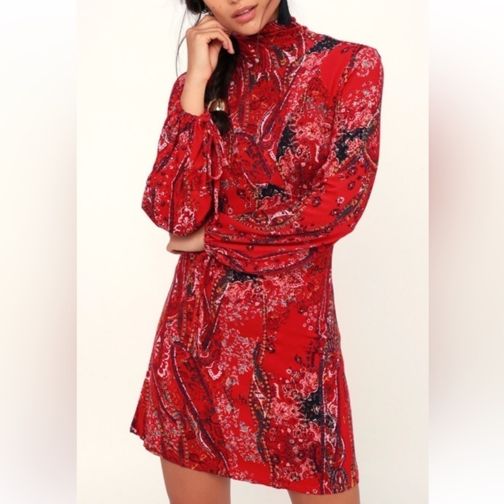 Free People all dolled up. Red Floral Long Sleeve Dress size M NWT